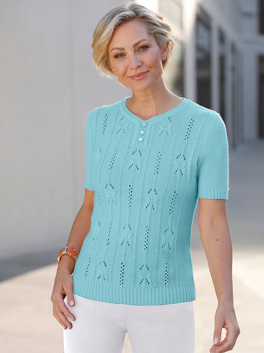 creation l Aquamarine Open Knit Short Sleeve Sweater from creation L