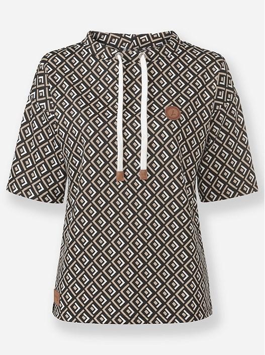 Creation L Beige-Black-Printed Printed Short Sleeve Sweatshirt