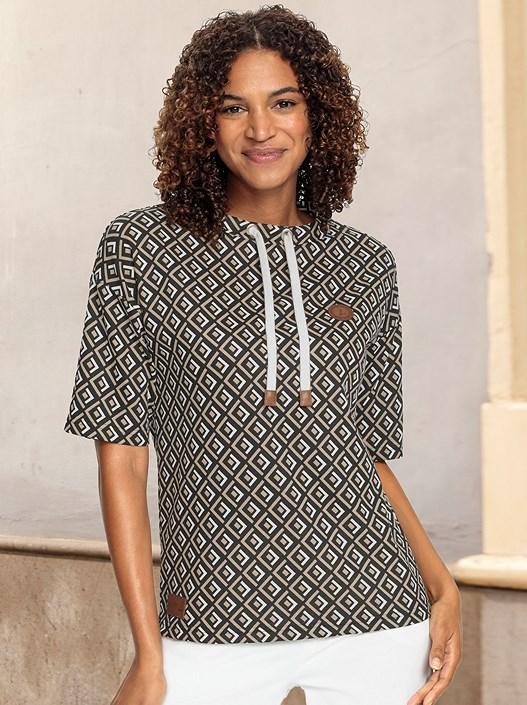 Creation L Beige-Black-Printed Printed Short Sleeve Sweatshirt