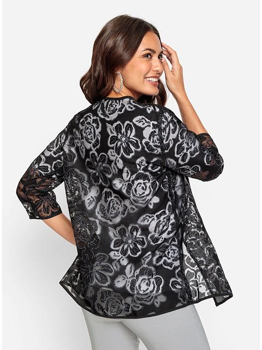 Creation L Black-Ecru-Patterned Floral Devore Jacket