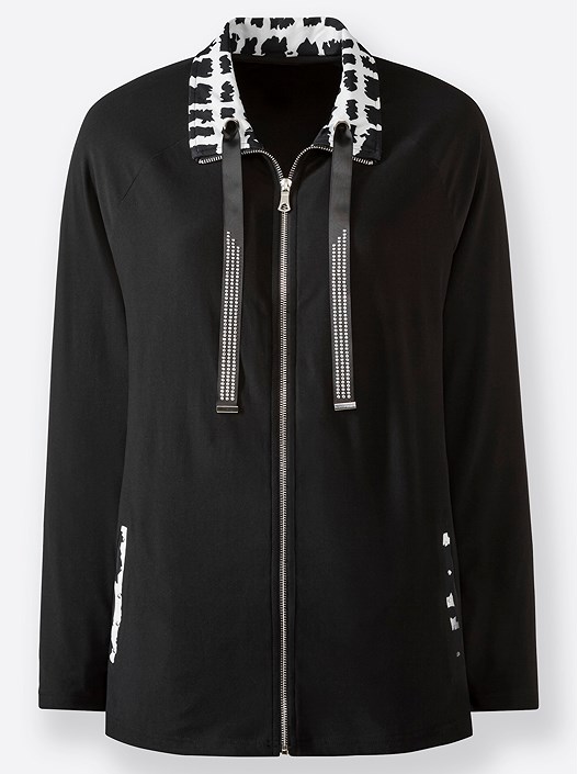 Creation L Black-Ecru-Patterned Printed Collar Zip Cardigan From Creation L