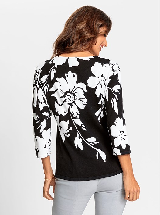 Creation L Black-Ecru-Printed Floral 3/4 Sleeve Sweater From Creation L