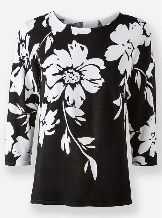 Creation L Black-Ecru-Printed Floral 3/4 Sleeve Sweater From Creation L