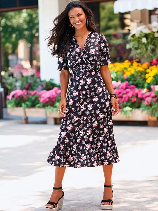 creation l Black-Hortensia-Patterned Knot Detail Midi Dress from creation L