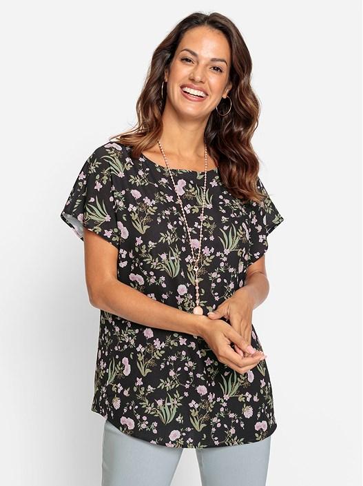 Creation L Black-Light Rose-Printed Floral Boat Neckline Blouse