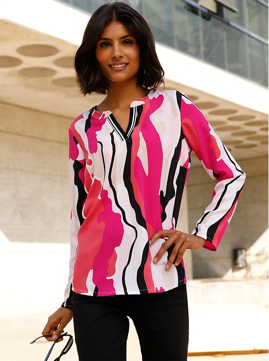 creation l Black-Pink-Printed Printed V-Neck Blouse