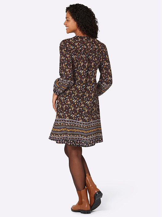Creation L Black-Russet-Printed Tie Neck Floral Boho Dress From Creation L