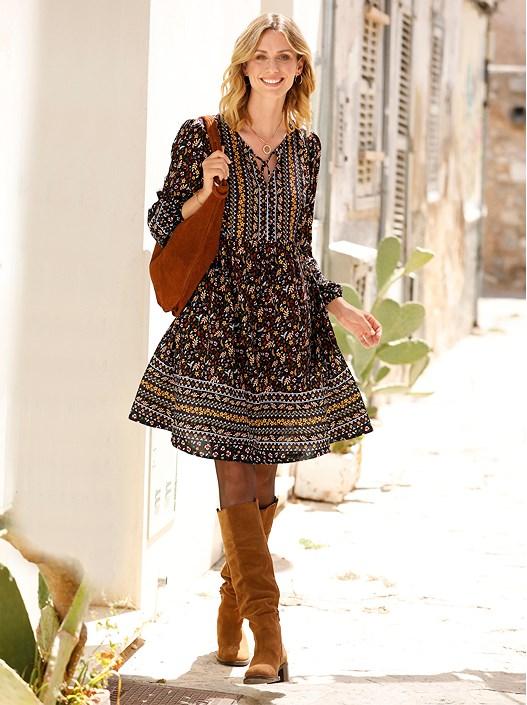 Creation L Black-Russet-Printed Tie Neck Floral Boho Dress From Creation L