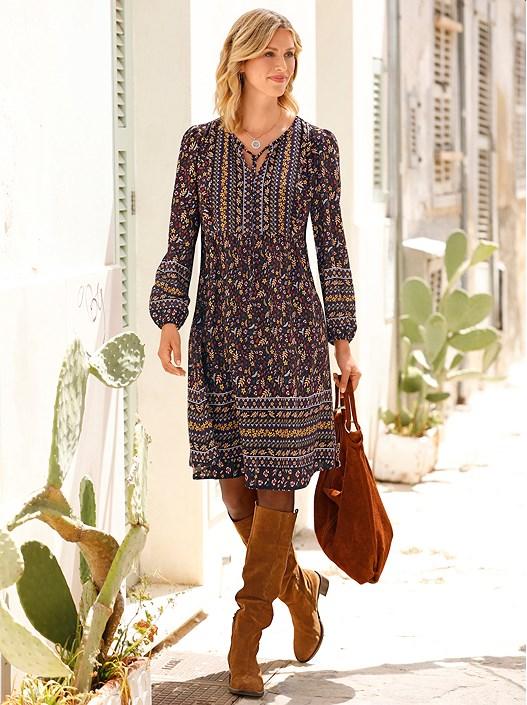 creation l Black-Russet-Printed Tie Neck Floral Boho Dress from creation L