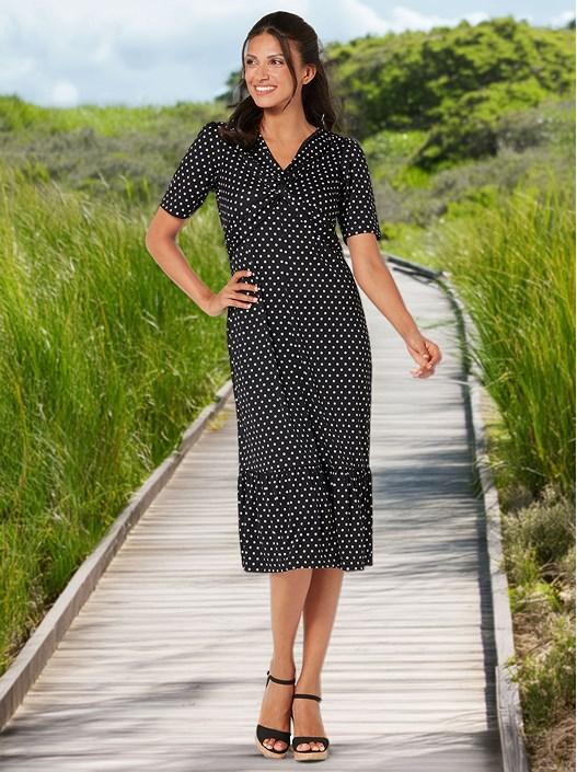 creation l Black-White-Dots Knot Detail Midi Dress from creation L