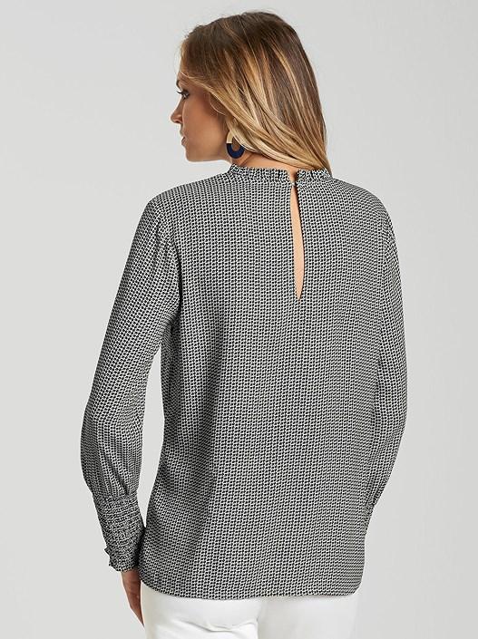 Creation L Black-White-Patterned Smocked Cuff Blouse