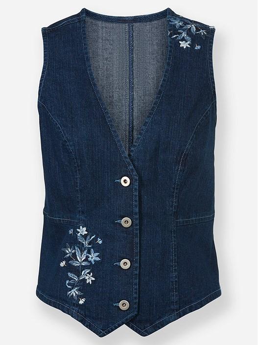 Creation L Blue-Stone-Washed Floral Embroidered Denim Vest