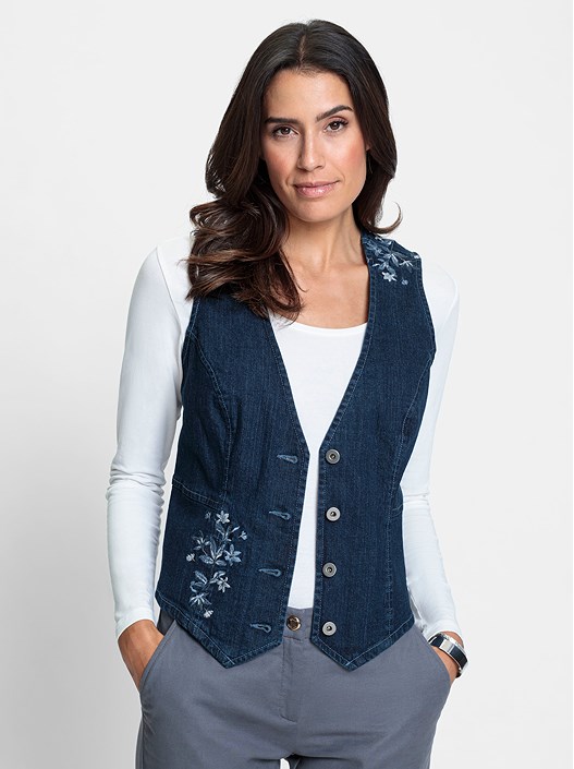 Creation L Blue-Stone-Washed Floral Embroidered Denim Vest