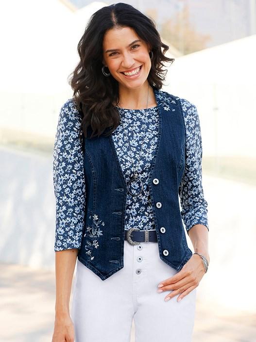 creation l Blue-Stone-Washed Floral Embroidered Denim Vest