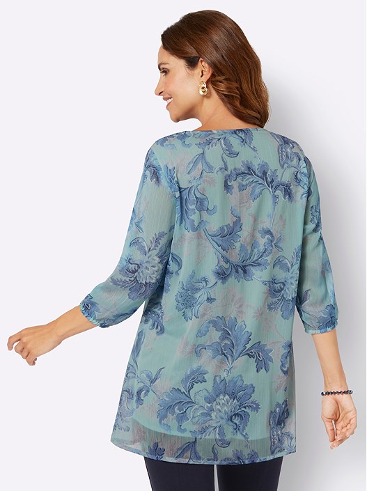 Creation L Chalky Mint-Smoky Blue-Printed Floral Chiffon Tunic