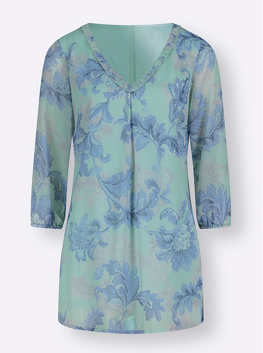 Creation L Chalky Mint-Smoky Blue-Printed Floral Chiffon Tunic