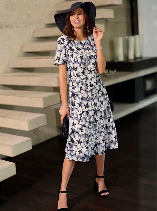 creation l Champagne-Anthracite-Printed Flared Floral Dress from creation L