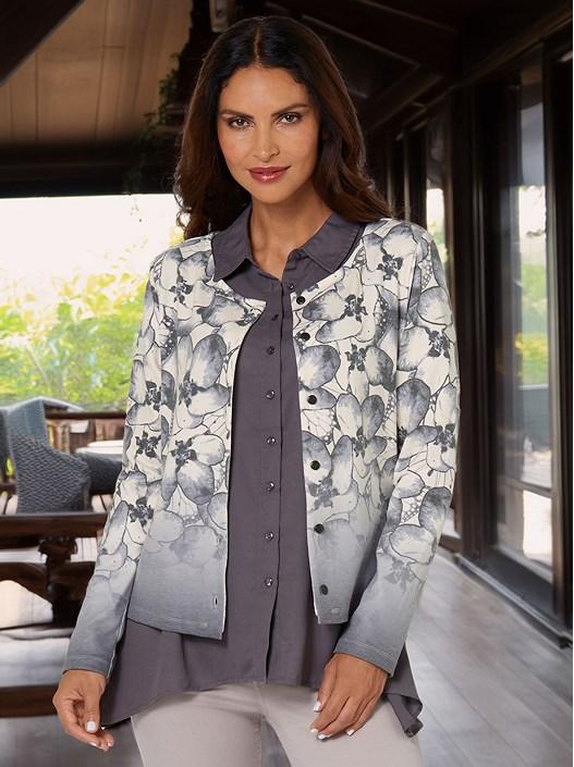 creation l Champagne-Anthracite-Printed Floral Ombre Cardigan from creation L