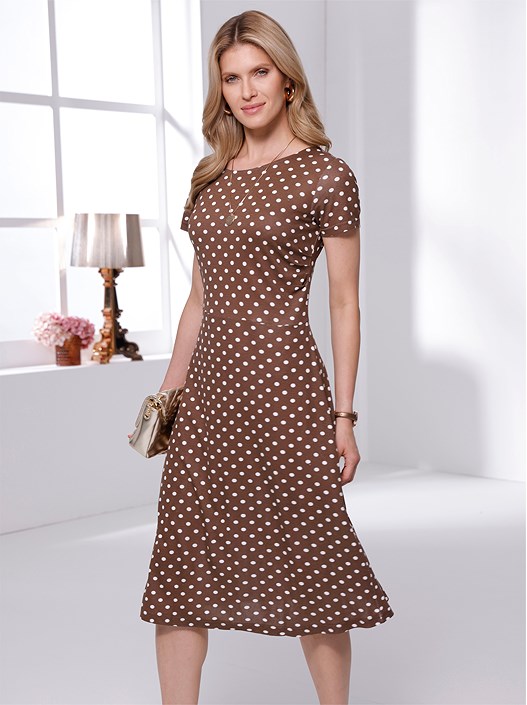 Creation L Chocolate-Ecru-Printed Polka Dot Midi Dress From Creation L
