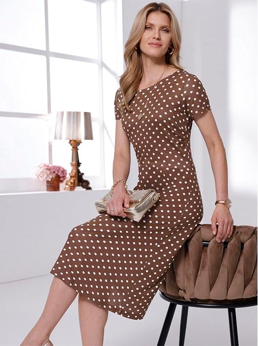 creation l Chocolate-Ecru-Printed Polka Dot Midi Dress from creation L