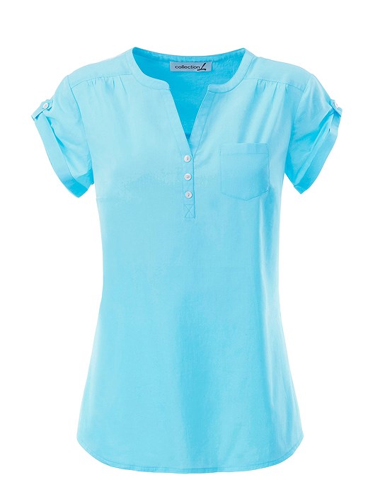 Creation L Aqua V-Neck Button Panel Blouse