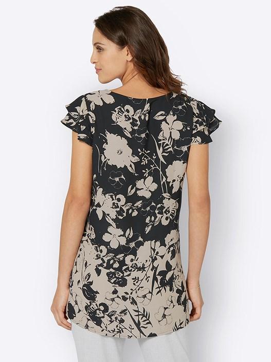 Creation L Black-Beige-Printed Ruffle Floral Tunic