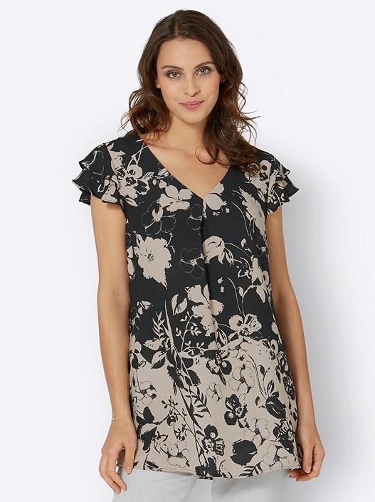 Creation L Black-Beige-Printed Ruffle Floral Tunic