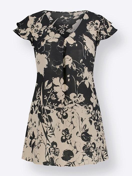Creation L Black-Beige-Printed Ruffle Floral Tunic