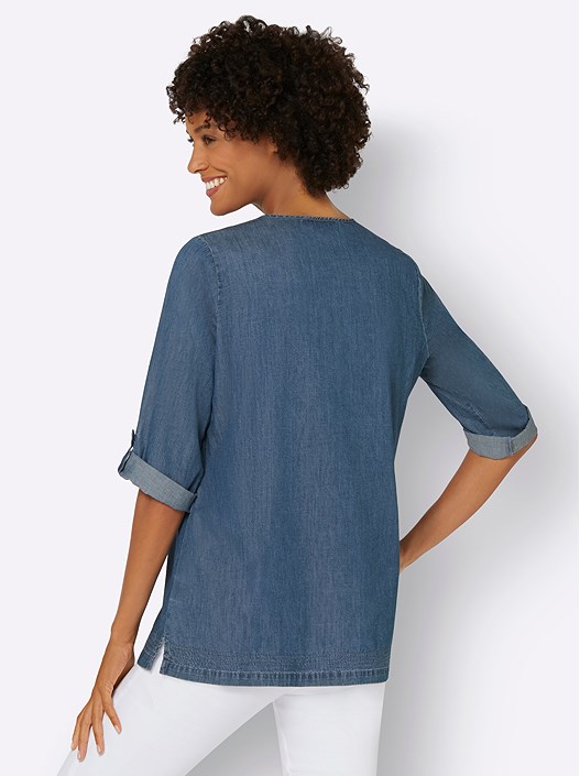 Creation L Blue-Stone-Washed Rounded V-Neck Tunic