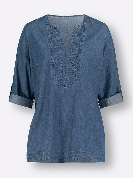 Creation L Blue-Stone-Washed Rounded V-Neck Tunic