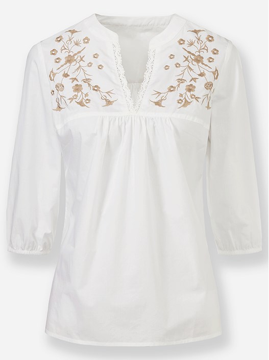 Creation L Ecru Floral Embroidered Boho Blouse