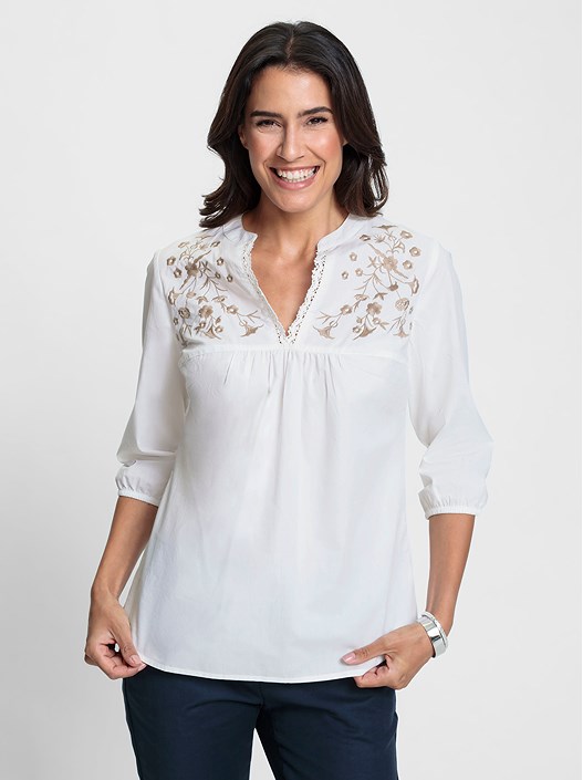 Creation L Ecru Floral Embroidered Boho Blouse