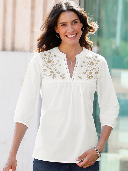creation l Ecru Floral Embroidered Boho Blouse