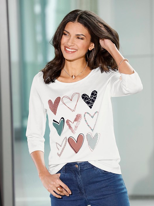 creation l Ecru-Navy Heart Print 3/4 Sleeve Shirt