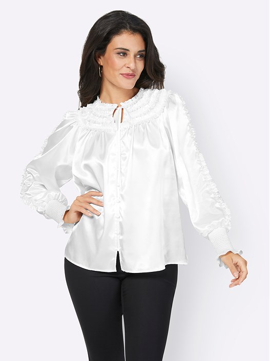 creation l Ecru Ruffled Satin Blouse