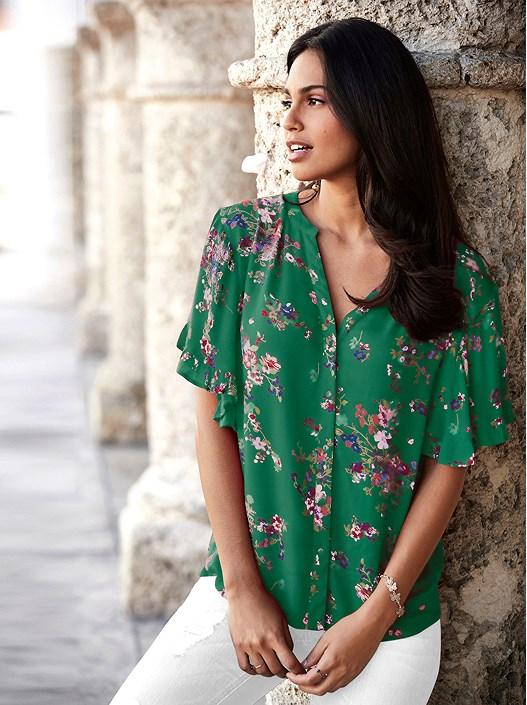 creation l Emerald-Patterned Floral Pattern Blouse