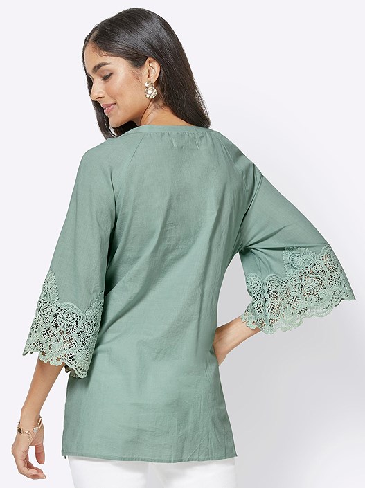 Creation L Mint Lace Trim Flare Sleeve Blouse
