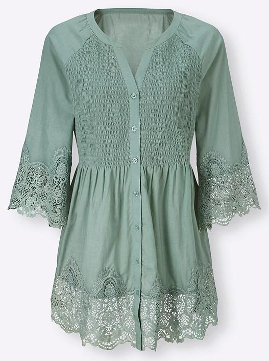 Creation L Mint Lace Trim Flare Sleeve Blouse