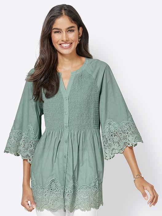 Creation L Mint Lace Trim Flare Sleeve Blouse