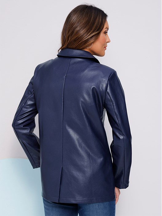 Creation L Navy Button Up Faux Leather Jacket