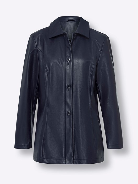 Creation L Navy Button Up Faux Leather Jacket