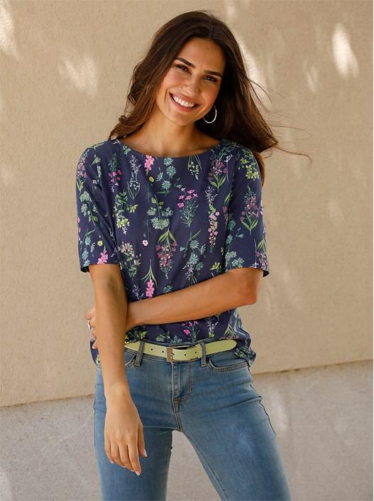 Creation L Navy-Old-Rose-Printed Floral Shirt