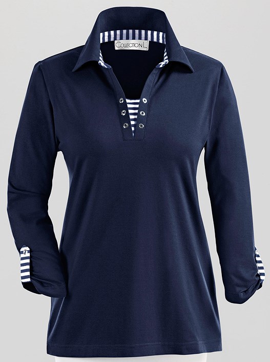 Creation L Navy Striped 3/4 Sleeve Polo Shirt