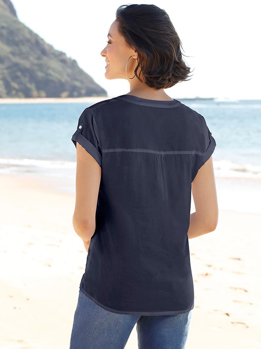 Creation L Navy V-Neck Button Panel Blouse