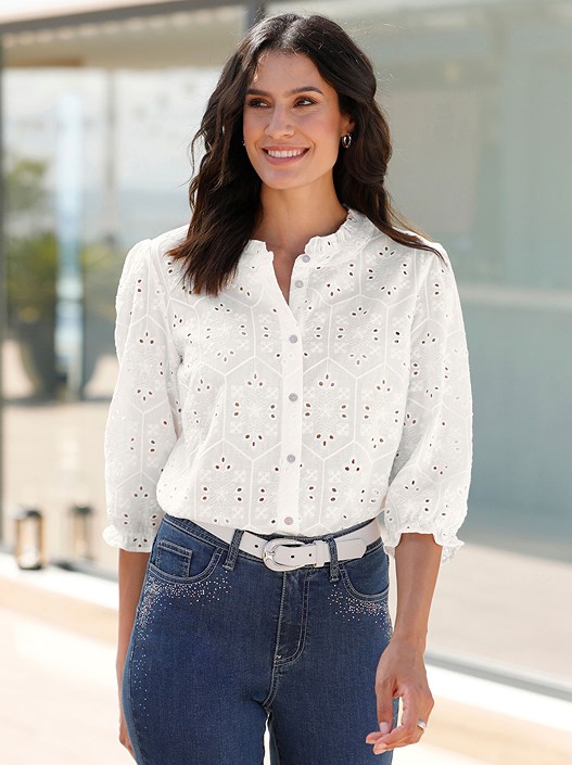 creation l White Eyelet Button Up Blouse