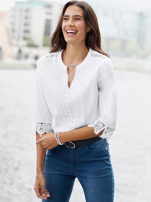 creation l White Lace Detail V-Neck Blouse