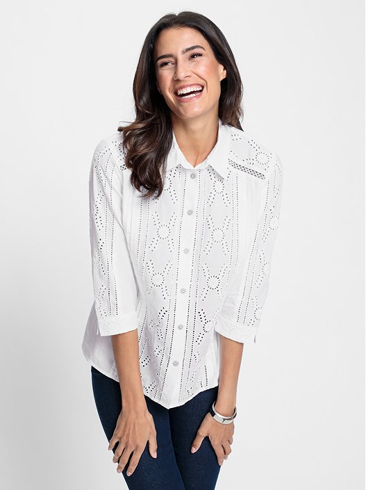 Creation L White Open Embroidery Button Up Blouse