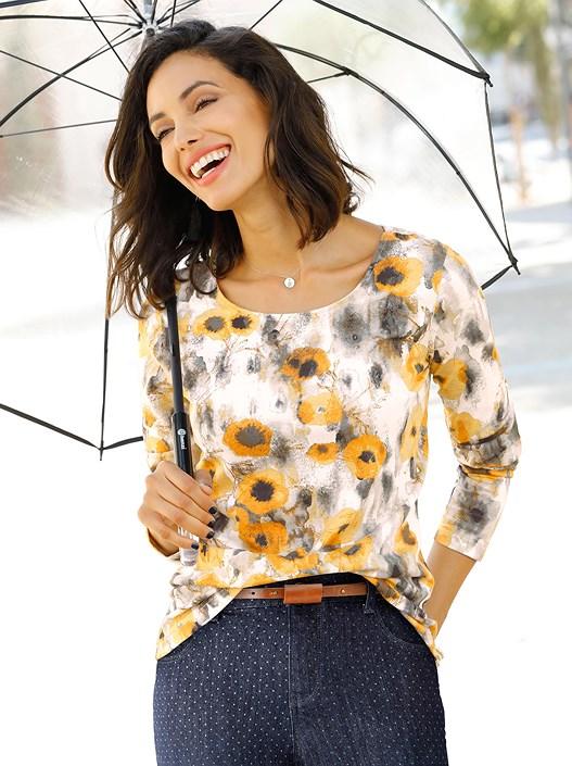 creation l Yellow-Printed Long Sleeve Floral Shirt