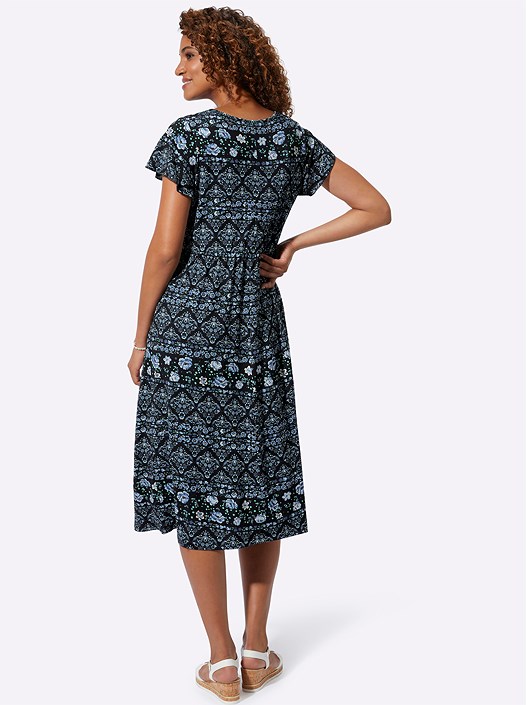 Creation L Denim Blue-Black-Printed Boho Print Keyhole Dress From Creation L