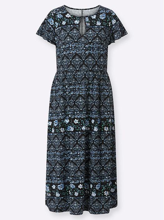 Creation L Denim Blue-Black-Printed Boho Print Keyhole Dress From Creation L